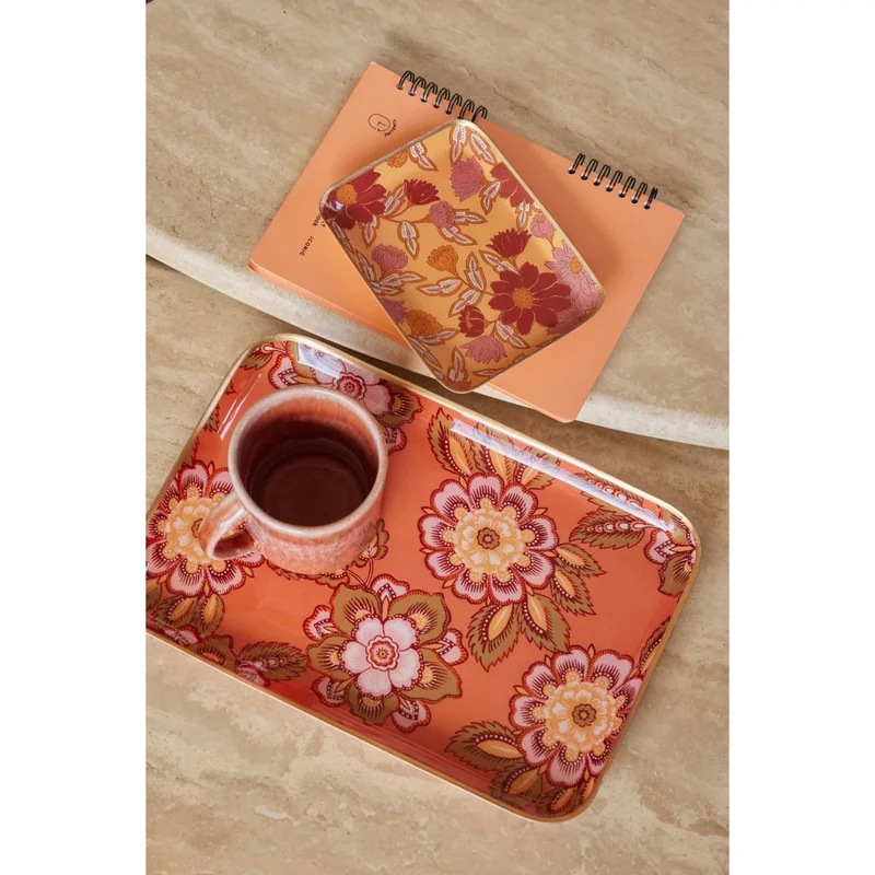 Plateau fleurs kaki terracotta