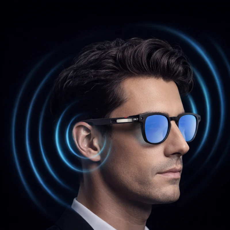 Lunettes intelligentes multifonctions NASA édition FUTURA Caméra,prise de photos, enregistrement vidéo et audio, appels Bluetooth, lecture de musique, assistant vocal, transmission sans fil Wi-Fi, Monture Mat Noir Verres Bleu Modèle Unisex design