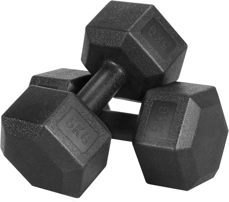 " Lots de 2 Haltères hexagonal SYNERFIT écologique en acier recouvert de PVC Noir, 5 kg l' unité"