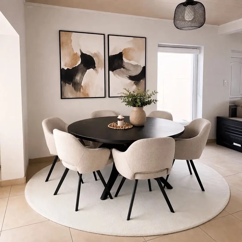 Tapis rond à poils doux- Lavable en machine- Couleur crème
