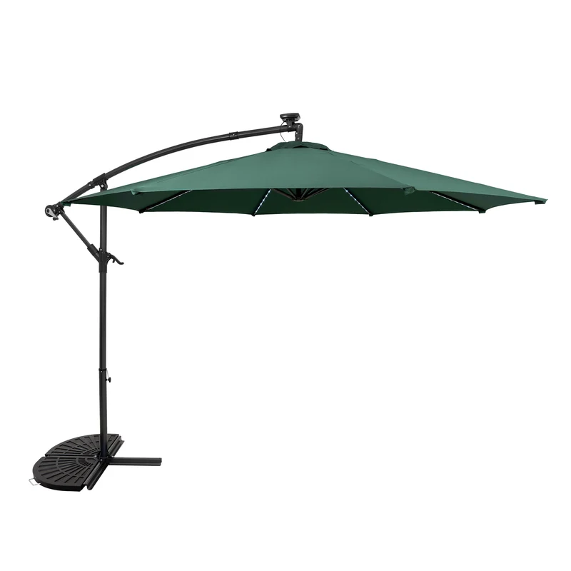 Parasol Banane à Mât Déporté à LED 3 m & 2 Pieds en Éventail - Vert