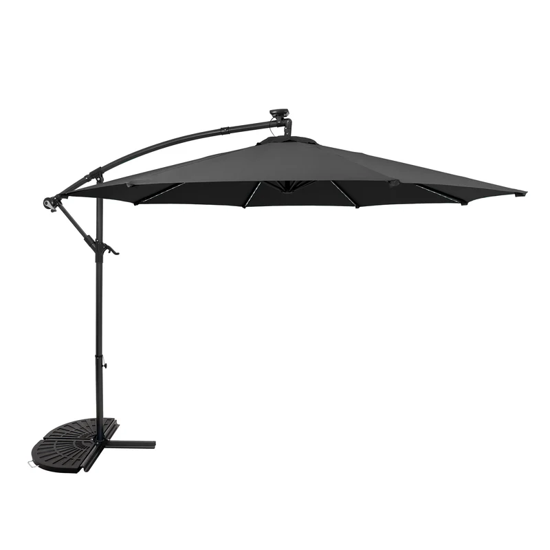 Parasol Banane à Mât Déporté à LED 3 m & 2 Pieds en Éventail - Gris