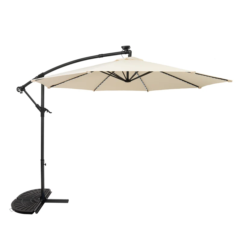Parasol Banane à Mât Déporté à LED 3 m & 2 Pieds en Éventail - Crème