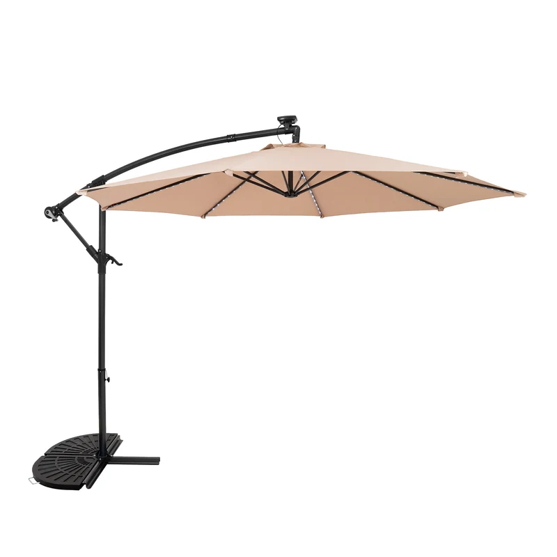Parasol Banane à Mât Déporté à LED 3 m & 2 Pieds en Éventail - Beige
