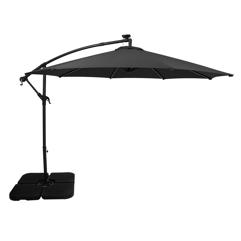 Parasol Banane à Mât Déporté à LED 3 m & Pied Carré - Gris
