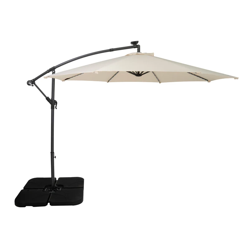 Parasol Banane à Mât Déporté à LED 3 m & Pied Carré - Crème