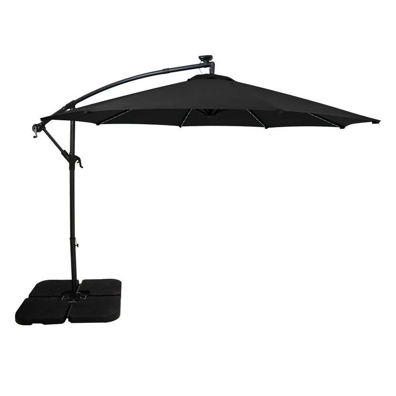 Parasol Banane à Mât Déporté à LED 3 m & Pied Carré - Noir