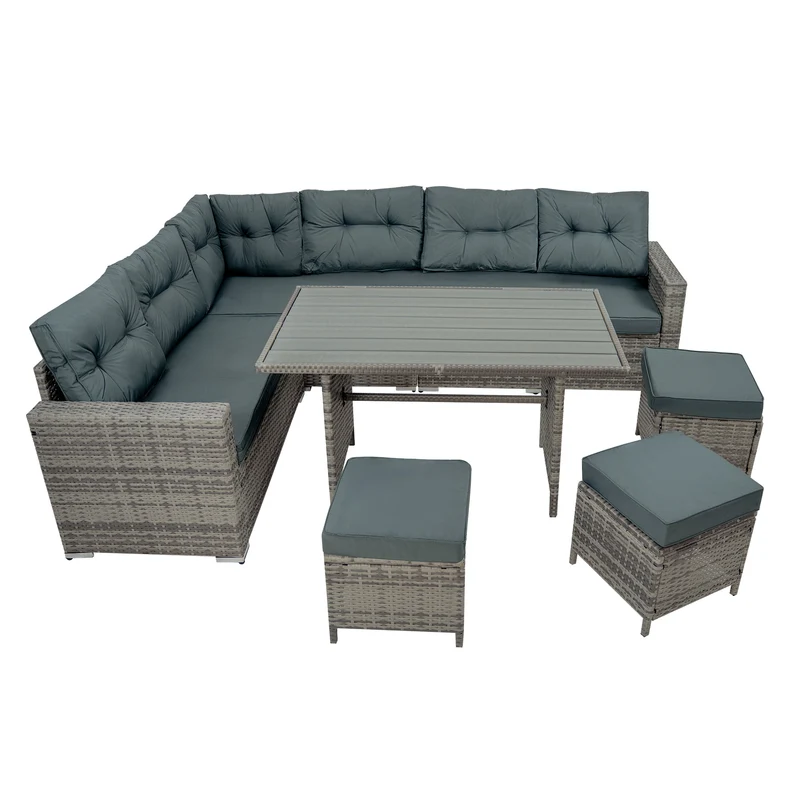 Salon de Jardin en Rotin & Table en Bois Composite - Gris