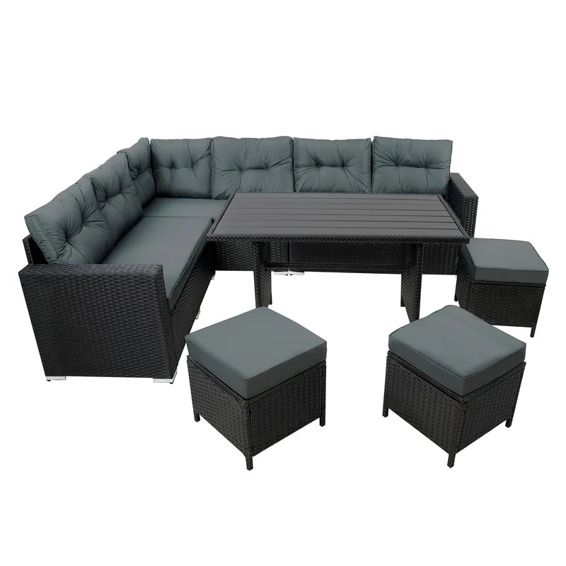 Salon de Jardin en Rotin & Table en Bois Composite - Noir
