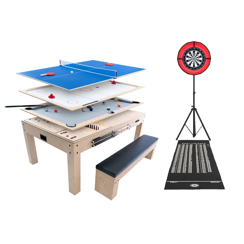 Lot de Table Multi Jeux 7 en 1, Ensemble de Fléchettes & Anneau LED - Chêne