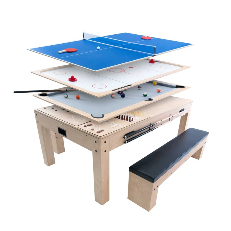 Table Multi Jeux 7 en 1 avec 2 Bancs de Rangement - Chêne