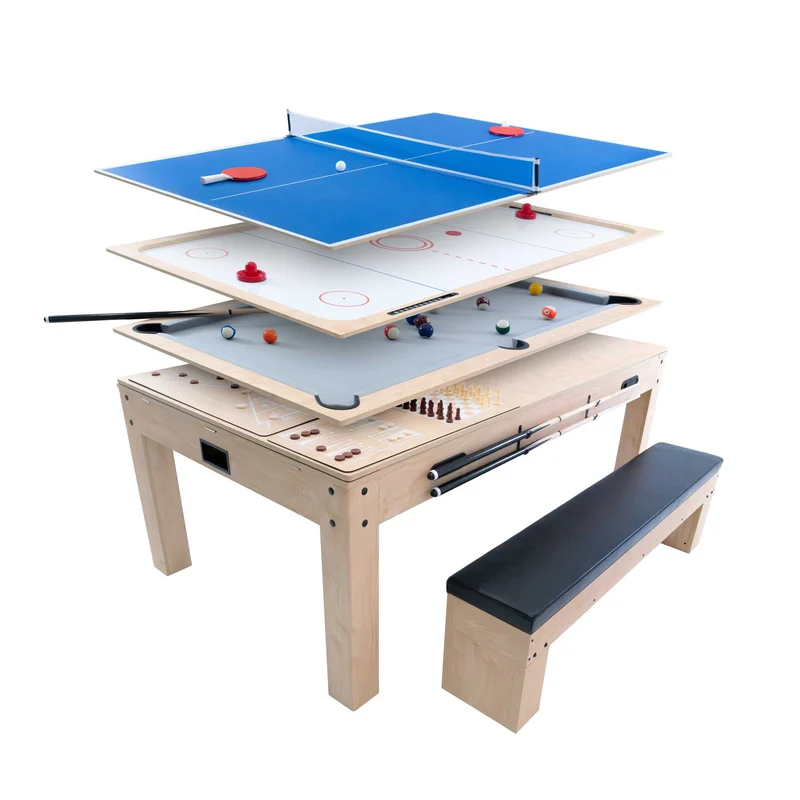 Table Multi Jeux 7 en 1 avec Banc de Rangement - Chêne