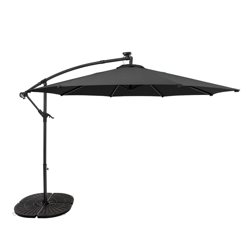 Parasol Banane à Mât Déporté à LED 3 m & 4 Pieds en Éventail - Gris