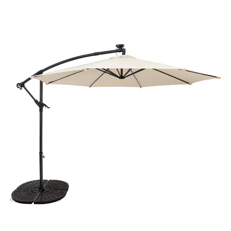 Parasol Banane à Mât Déporté à LED 3 m & 4 Pieds en Éventail - Crème