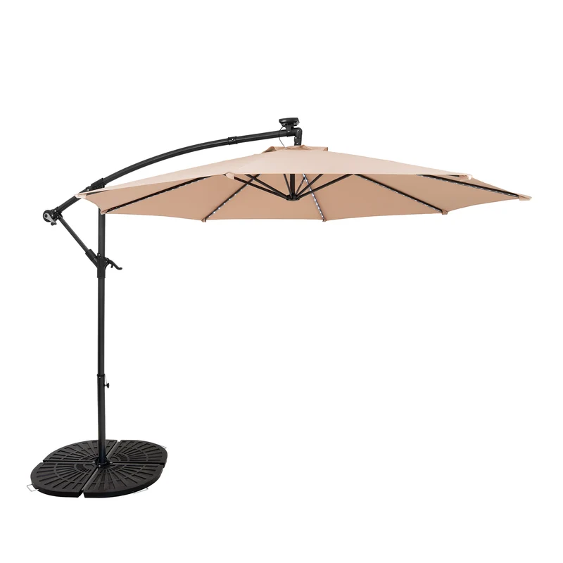 Parasol Banane à Mât Déporté à LED 3 m & 4 Pieds en Éventail - Beige