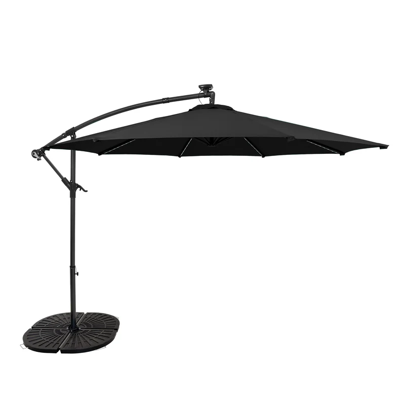 Parasol Banane à Mât Déporté à LED 3 m & 4 Pieds en Éventail - Noir