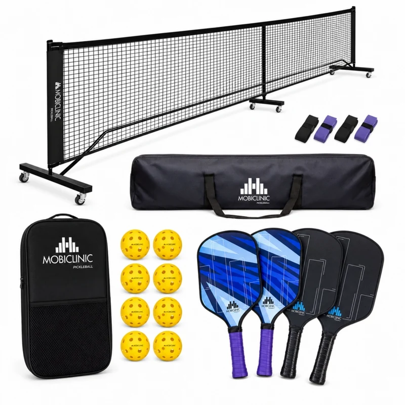 Ensemble de pickleball | 4 raquettes | 4 balles | Filet à roulettes | Sac de transport | Grip antidérapante | Mobiclinic