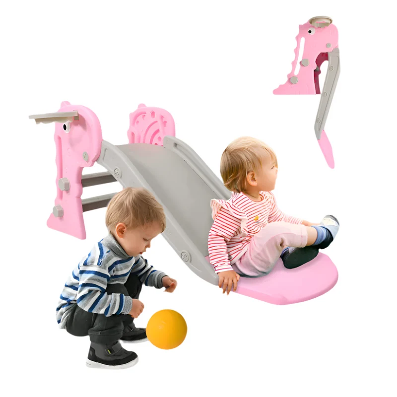 Toboggan pour enfants | Pliable | Panier et ballon | Marches antidérapantes | Max 35 kg | Rose | Dino| Mobiclinic