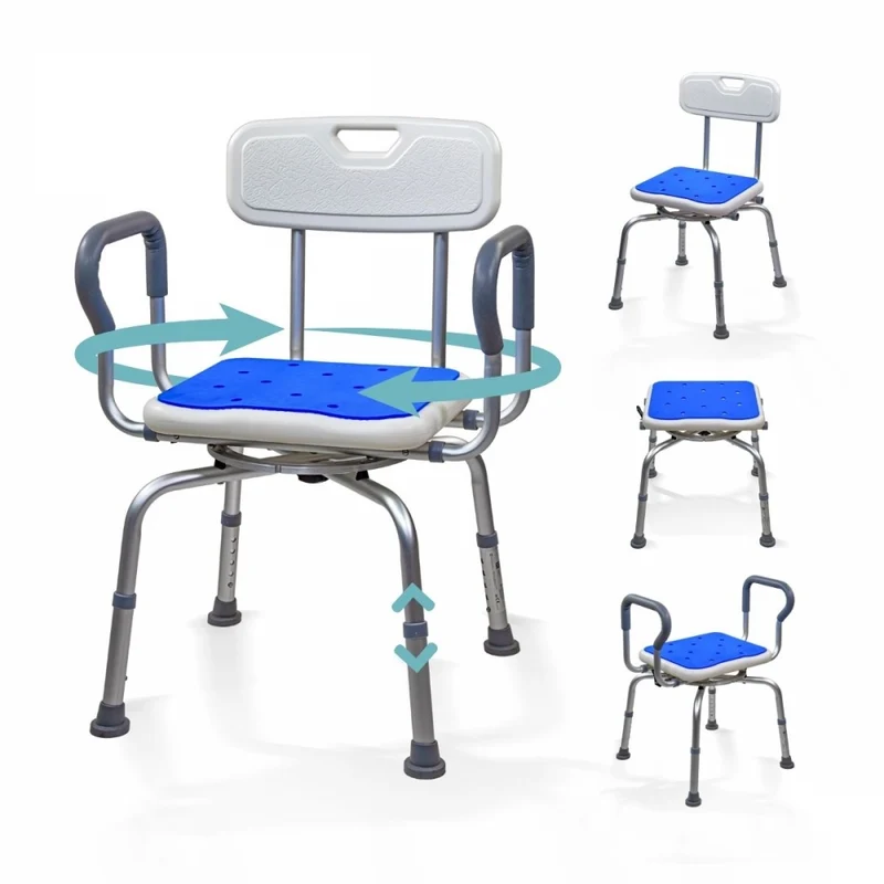 Tabouret de salle de bain | Siège pivotant 360° | Hauteur réglable | Accoudoirs | Assise avec coussin EVA | Akila | Mobiclinic