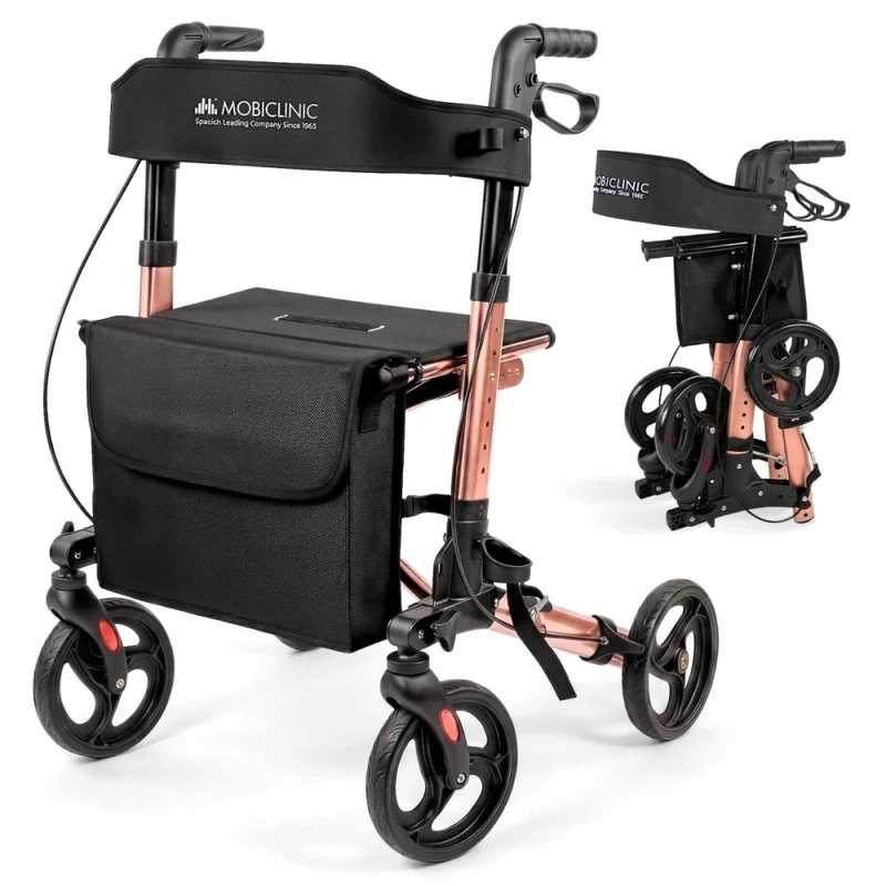 Déambulateur pliable | Aluminium | Jusqu'à 136 kg | Freins à main | Assise et dossier | Or rose | Trajano | Deluxe | Mobiclinic