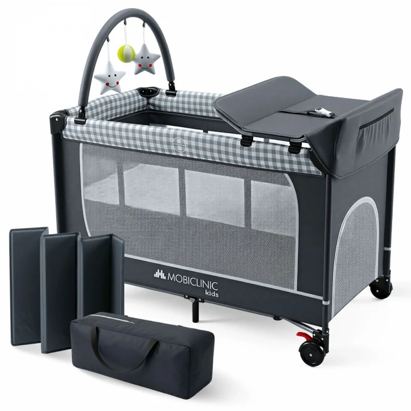 Lit de voyage 3 en 1 | Table à langer | Parc pour bébé | Portable | Pliable | Sac de transport | Gris | Caelum | Mobiclinic