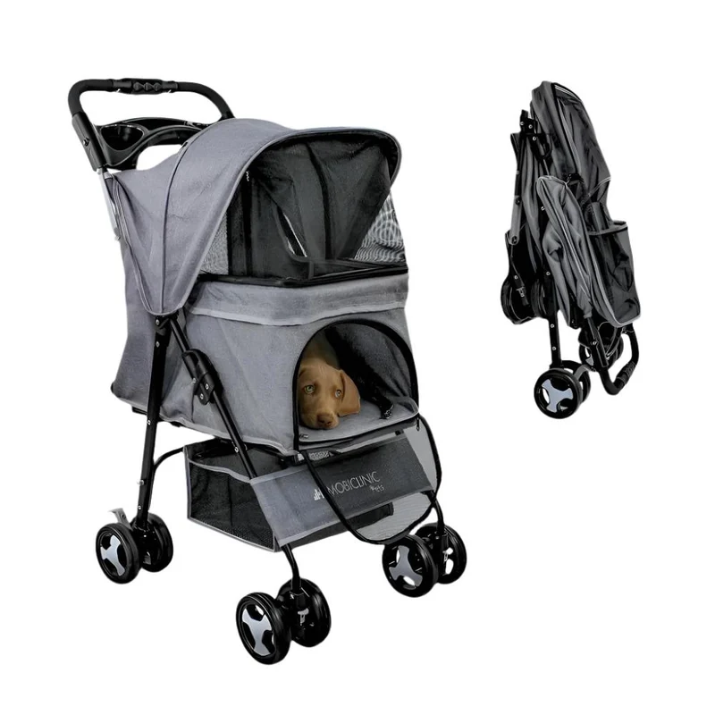 Poussette pour chien | Pliable |Roues avec frein et 360º |3 accès |Avec auvent| Panier de rangement et porte-gobelet |Gris|Zuma|Mobiclinic