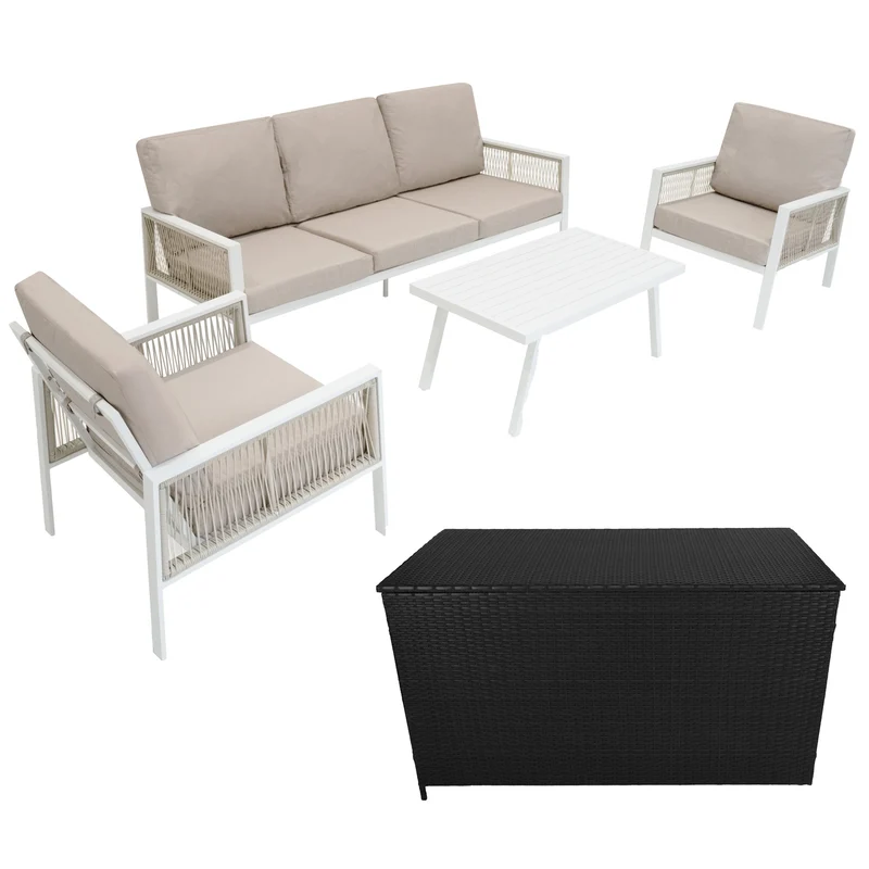 Lot de Salon de Jardin 4 Pièces en Aluminium Blanc & Coffre de Rangement 582 L en Rotin Noir