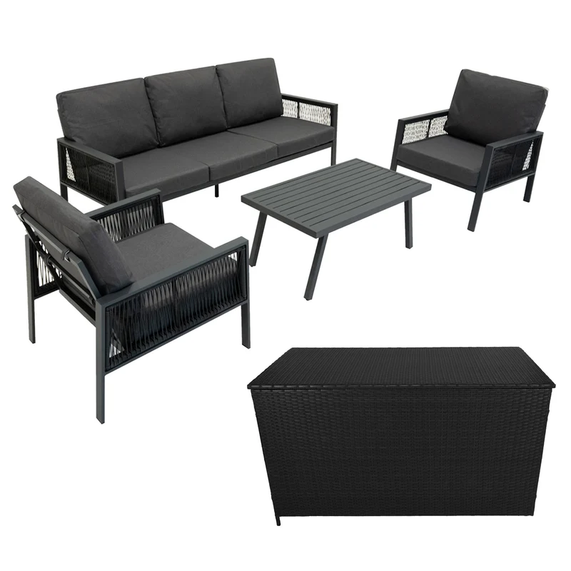 Lot de Salon de Jardin 4 Pièces en Aluminium Gris Anthracite & Coffre de Rangement 582 L en Rotin Noir