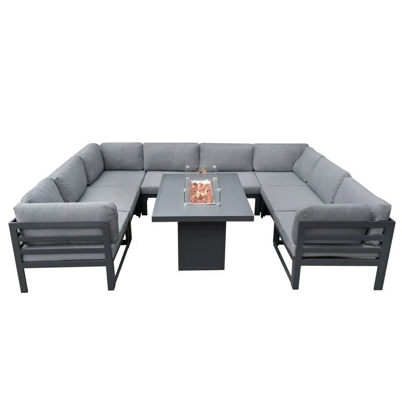 Salon de Jardin en Aluminium 8 Personnes & Table Foyer au Gaz - Gris
