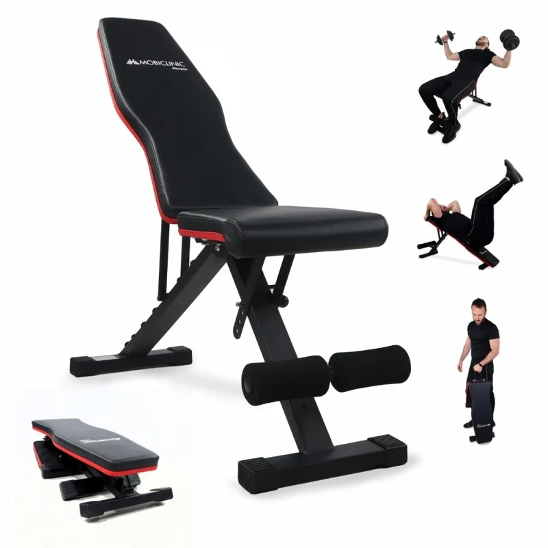 Banc d'entraînement multifonction | Pliable ultra compact | Max 120 kg | Ajustable | Poignée de transport | FlexFit | Mobiclinic