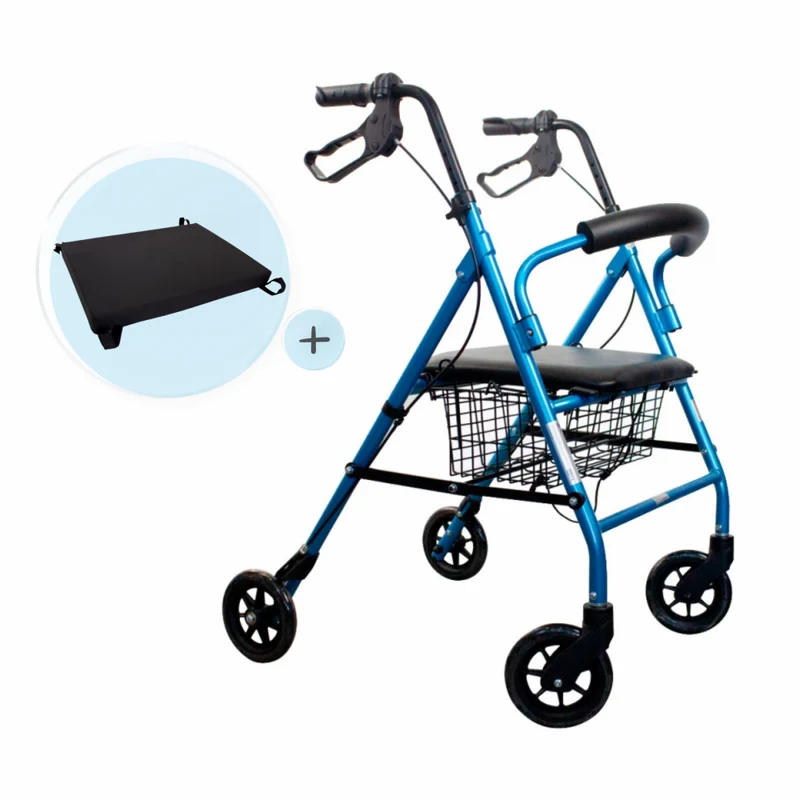 Pack Escorial Plus | Déambulateur pliable | Bleu | Freins sur leviers | Coussin anti-escarres | Viscoélastique | Mobiclinic