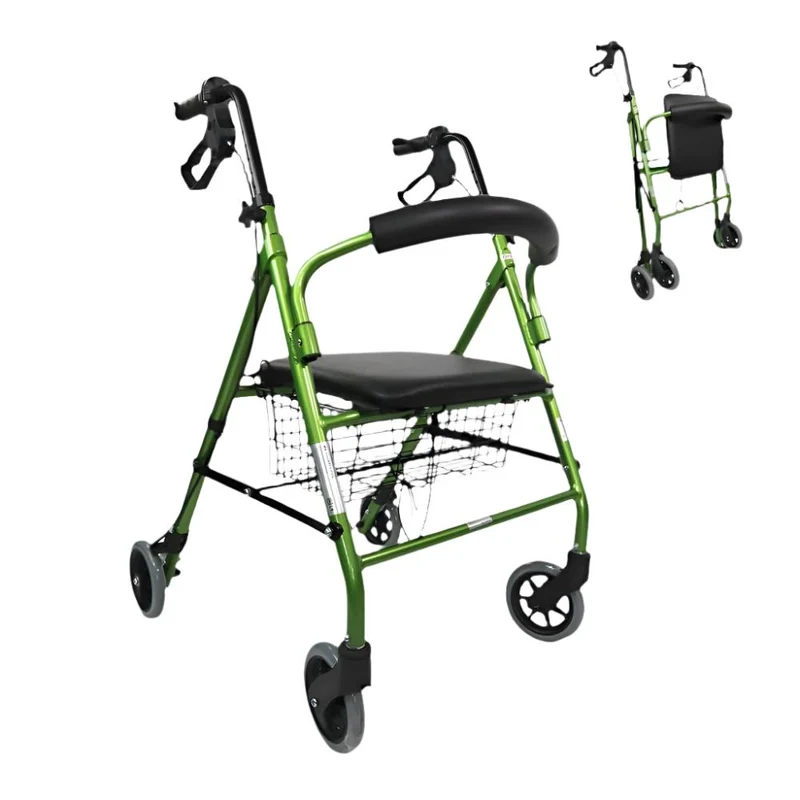 Pack Escorial Plus | Déambulateur pliant | Vert | Freins sur leviers | Coussin anti-escarres | Viscoélastique | Mobiclinic