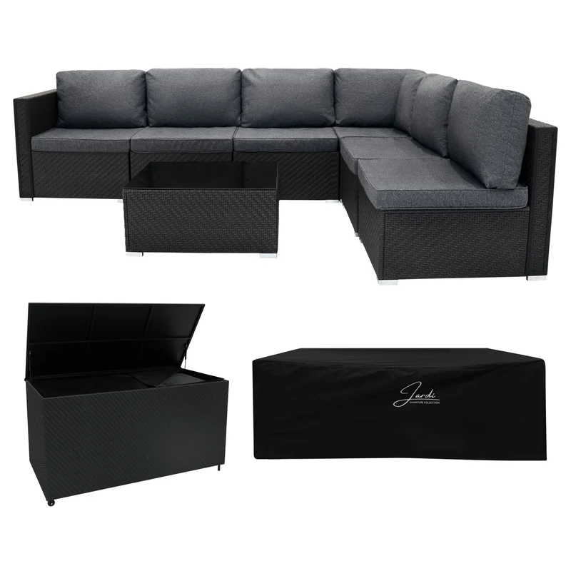 Salon de Jardin Modulaire en Rotin Noir - 7 Pièces & Coffre de Rangement 700 L
