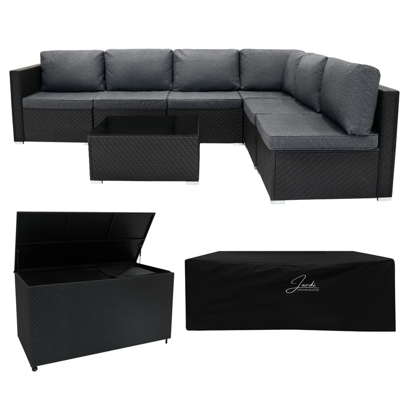 Salon de Jardin Modulaire en Rotin Noir - 7 Pièces & Coffre de Rangement 996 L