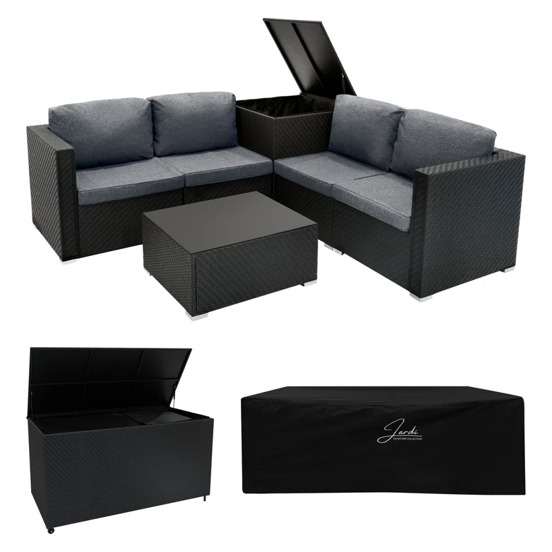 Salon de Jardin Modulaire en Rotin Noir - 6 Pièces & Coffre de Rangement 700 L