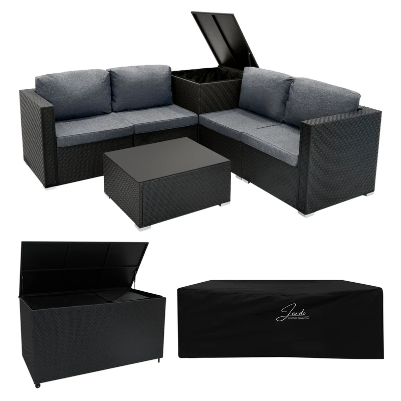 Salon de Jardin Modulaire en Rotin Noir - 6 Pièces & Coffre de Rangement 996 L
