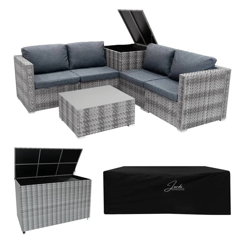 Salon de Jardin Modulaire en Rotin Gris - 6 Pièces & Coffre de Rangement 700 L