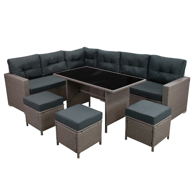 Salon de Jardin 9 Personnes en Rotin - Gris