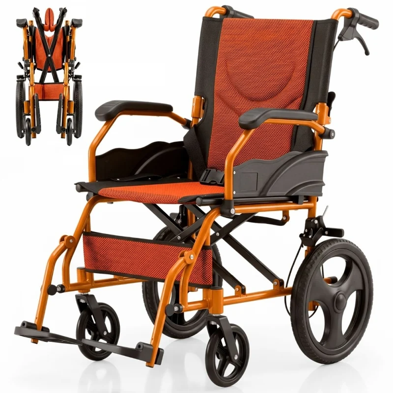 Fauteuil roulant léger | Pliable | Repose-pieds et dossier | Accoudoirs rembourrés | Aluminium | Orange | Pirámide | Mobiclinic