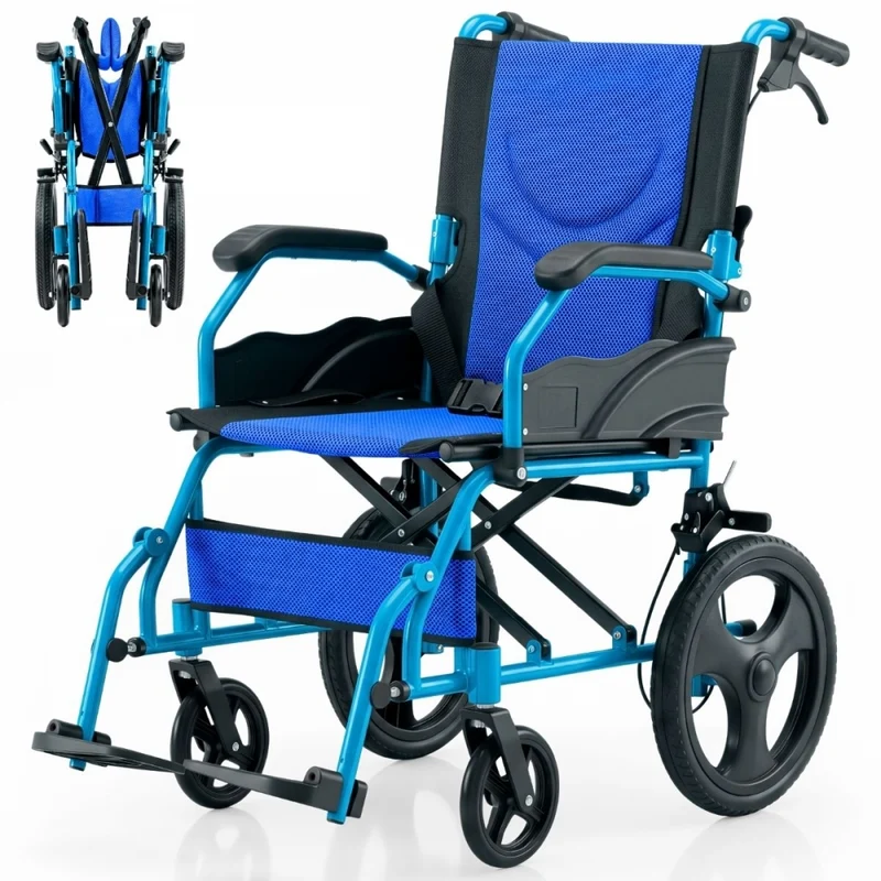 Fauteuil roulant léger | Pliable | Aluminium | Repose-pieds et dossier | Accoudoirs rembourrés | Bleu |Pirámide | Mobiclinic