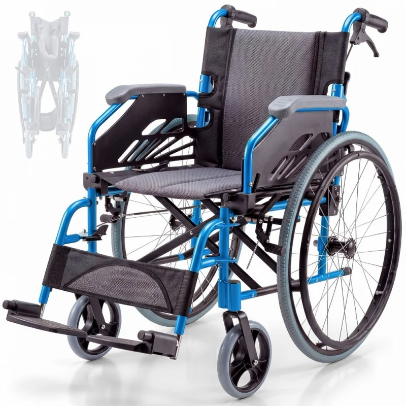Fauteuil roulant pliant | Aluminium | Dossier divisible | Accoudoirs rabattables | Bleu | Bolonia | Mobiclinic