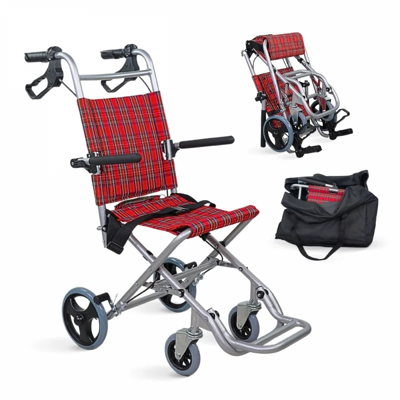 Fauteuil roulant de transfert | Pliant | Aluminium | Freins sur poignées | Carreaux écossais | Neptuno | Mobiclinic