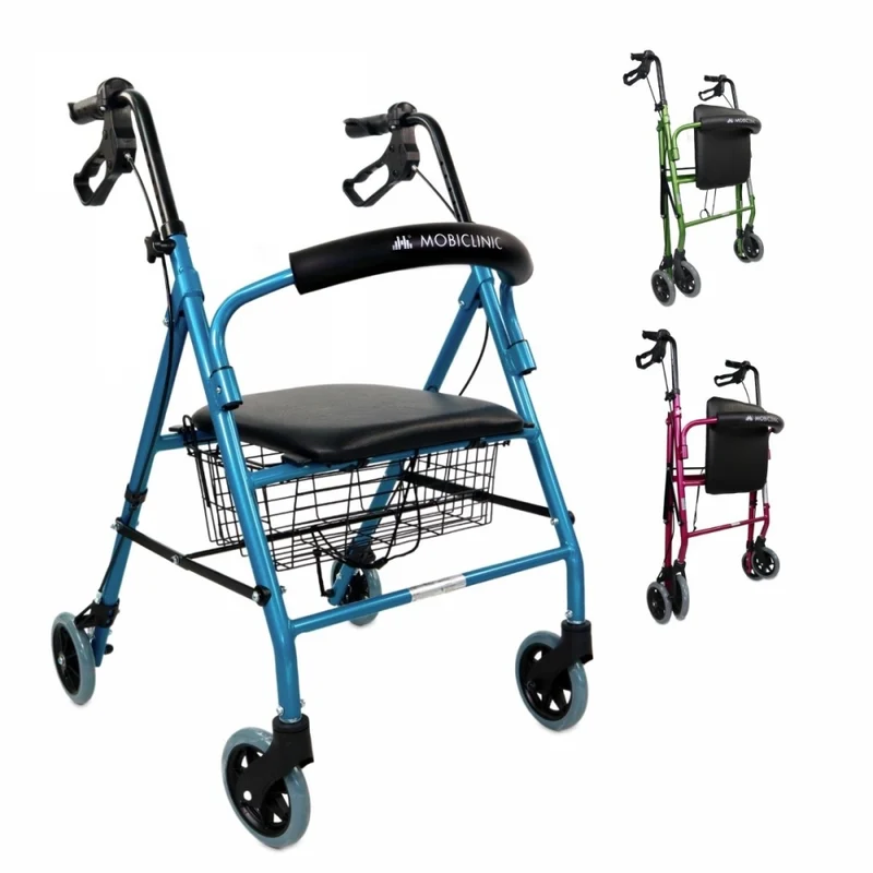 Déambulateur | Pliable | Aluminium | Freins sur les poignées | Siège et dossier | 4 roues | Bleu | Escorial | Mobiclinic