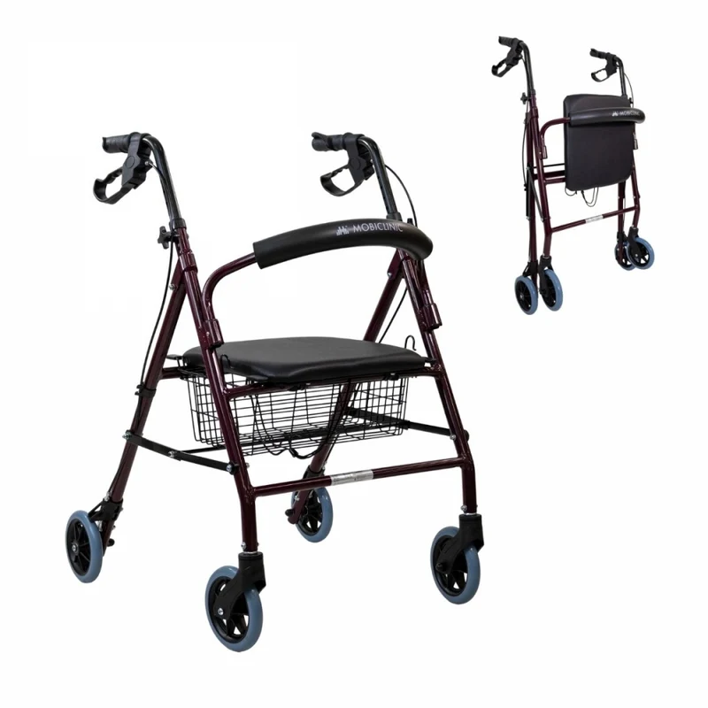 Déambulateur 4 roues | Pliable | Aluminium léger | Assise et dossier | Bordeaux | Escorial | Mobiclinic
