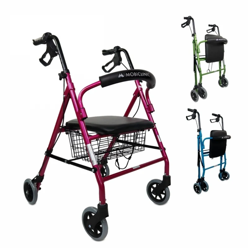 Déambulateur | Pliable | Aluminium | Freins sur les poignées | Siège et dossier | 4 roues | Rose | Escorial | Mobiclinic