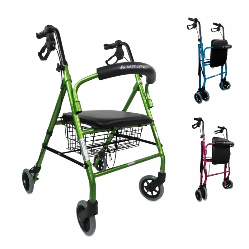 Déambulateur | Pliable | Aluminium | Freins sur les poignées | Siège et dossier | 4 roues | Vert | Escorial | Mobiclinic