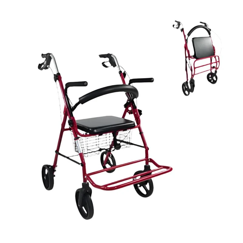Déambulateur 4 roues | Pliable | Aluminium | Siège et dossier | Freins à poignées | Bordeaux | Colón | Mobiclinic