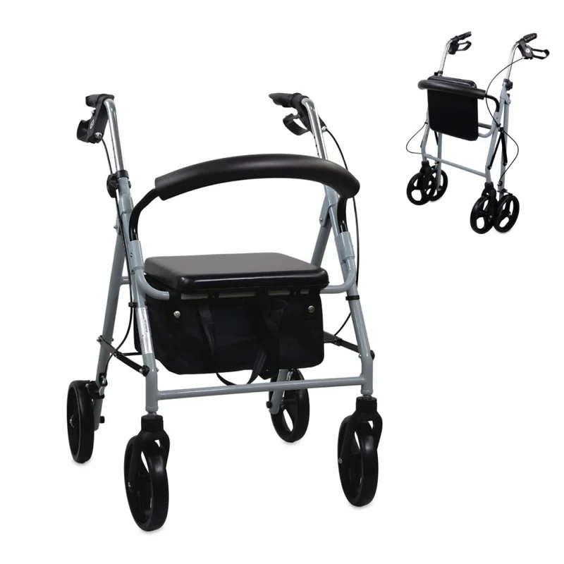 Déambulateur avec roues | Pliable | Aluminium | Freins aux poignées | Avec dossier et siège | Gris | Sofía | Mobiclinic