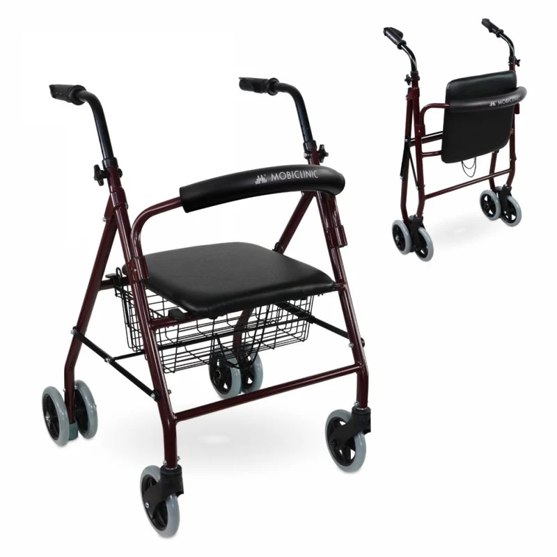 Déambulateur 4 roues | Pliable | Siège et dossier | Aluminium | Panier | Pour personnes âgées | Bordeaux | Prado | Mobiclinic