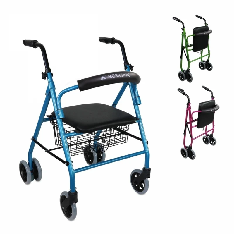 Déambulateur pliant | Siège et dossier | Aluminium | Panier | Pour personnes âgées | Bleu | Prado | Mobiclinic
